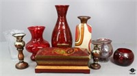 Ceramic, Glass & Wood Vases, Boxes+ / 9 pc