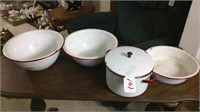 red and white enamelware  bowls/enamel coffee pot