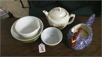 pyrex bowls/teapot/chicken planter