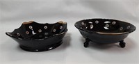 (2) Daisy Enameled/Gold Black Glass Bowls