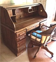 4' Oak rolltop desk and chair