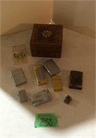 Vintage Lighters, $.19 stamps, & wooden box