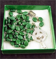 Vintage Ireland Green Glass Catholic Rosary W Box