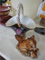 Glass basket vase unmarked and porcelain Squirrel