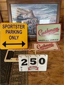 Cushman metal signs; Harley picture; Sportster;