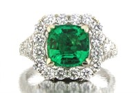 14kt Gold 3.67 ct Cushion Emerald & Diamond Ring