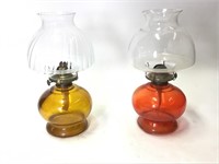 2 Glass Oil Lamps Red & Amber