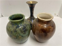 3 mismatched Vases - 2 ceramic, one brass