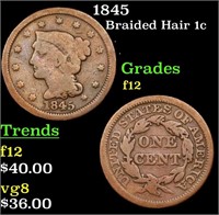 1845 Braided Hair Large Cent 1c Grades f, fine