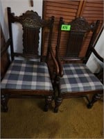 2 DARK WOOD DINING ROOM CAPTAINS CHAIRS PAD