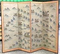 Vintage Asian Painted Wallpaper 4 Panel Screen