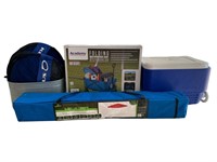 A Pop Up Tent, Cooler, Ice Bucket, 2 Pool Floats