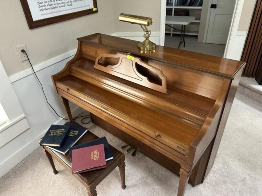 Kimball Piano, stool, lamp and hymnals