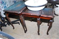 3 Inlaid Carved Mahogany Nesting Tables With Glass