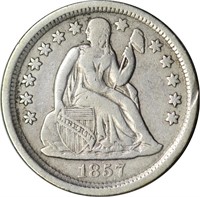1857 SEATED LIBERTY DIME - F/VF, OLD CLEANING