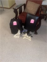 Figurines, backpack, and stool
