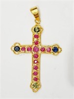 18K Yellow Gold Ruby & Sapphire Cross Pendant