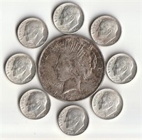 1923 Peace Silver $1 And 8 Silver Roosevelt Dimes