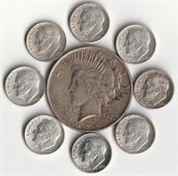 1924 Peace Silver $1 And 8 Silver Roosevelt Dimes