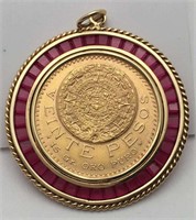 20 Peso Gold Coin Pendant In 14k Frame With Rubies