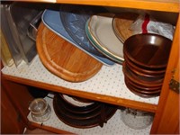 Two (2) Shelves Wooden Bowls, Cookie Sheets &