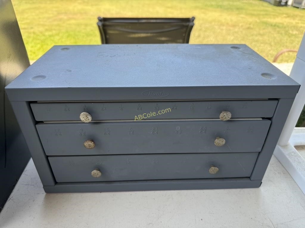 3- drawer metal storage box with drill bits, of