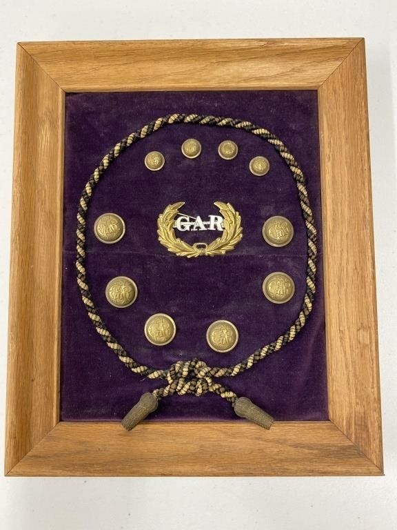 Antique GAR Military Medals and Buttons Framed Dis