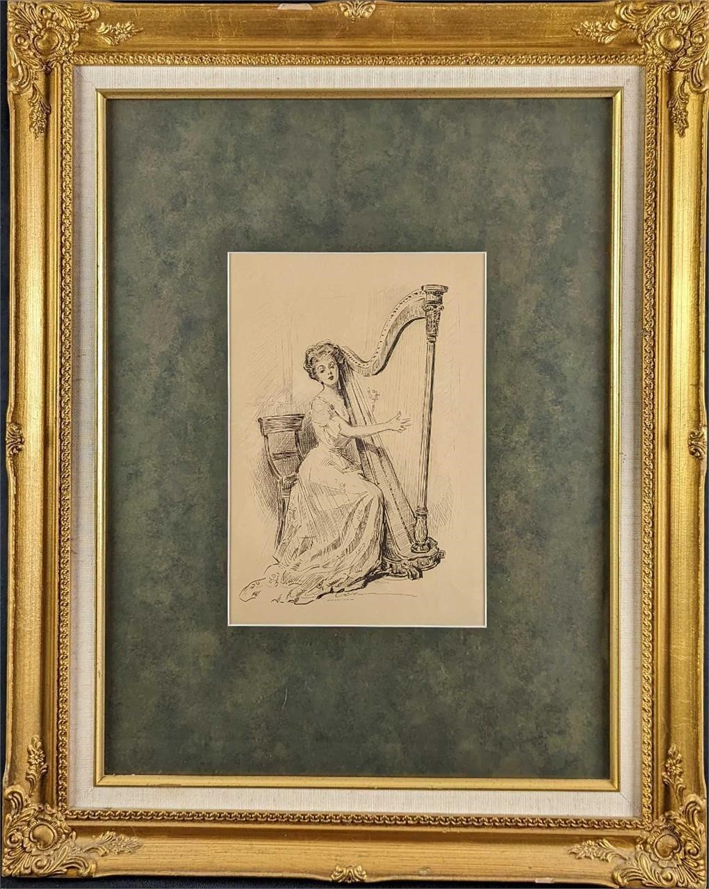 Vintage PF Collier & Son Framed Woman With Harp Pr