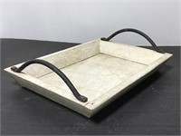 Weathered crackle paint tray w/ cast metal handles