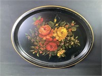 Large Oval Metal Serving Tray with Flowers
