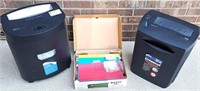 2 ELECTRIC PAPER SHREDDERS & BOX OF OFFICE FILES