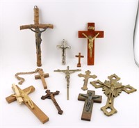 11 Crucifixes Bronze, Wood, & Bakelite