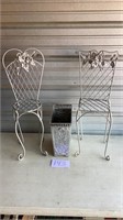 Two metal decorative chairs, and metal trashcan,