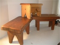 (3) Wooden Stools  Largest -18x9x10 Inches