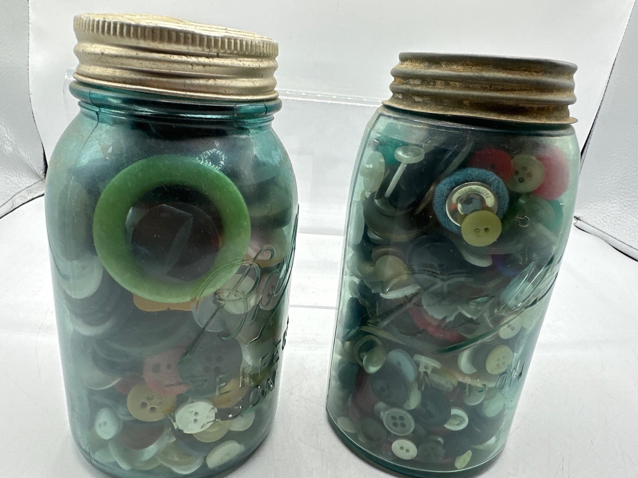 Blue Ball glass jars with vintage buttons