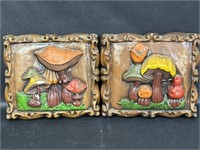 Two Carved Wood Wall Plaques - Mushrooms
