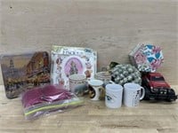 Box of misc mugs, tulle, tin box, Easter clings,