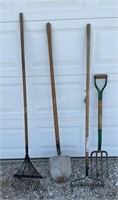 Rake, Shovel, Garden Fork, and Broken Leaf Rake