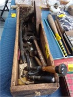 Toolbox with antique tools, tin snips, hammer,