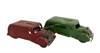 (2) tin car bank toys, the red one missing parts