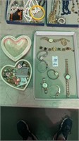 Tray Lot of Watches and Heart Shaped Jewelry Tray