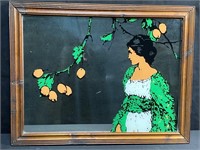 Vintage Reverse Painted Mirror Girl w/ Orange