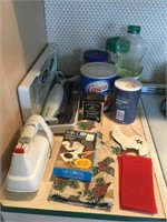 Electric knife, salt, cooking oil, jar of beans