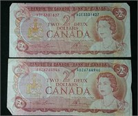 Two 1974 Canada $2 bills