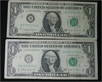 Two 1963 series B USA $1 bills