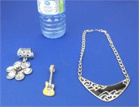 Vintage Bib Necklace, Fender Jaguar Bass Pin,