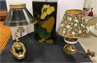 Lot of three lamps. Milk glass lamp with brass