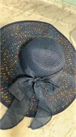 New straw sun hat blue with blue trim wide brim,