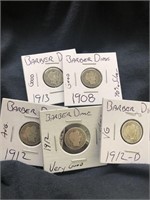 Lot of 5 vintage barber dimes Variety of dates