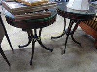 2 Round Mahogany Leather Top Lamp Tables W/ Glass